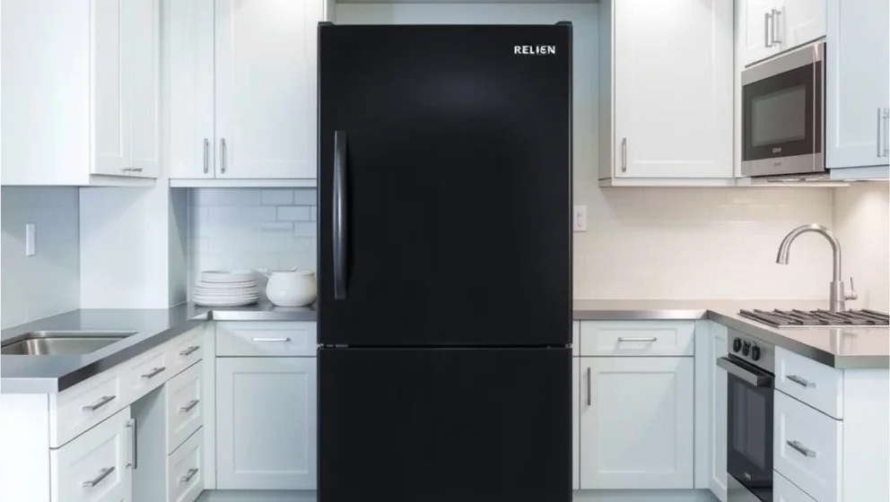 Svart kyl och frys i köket